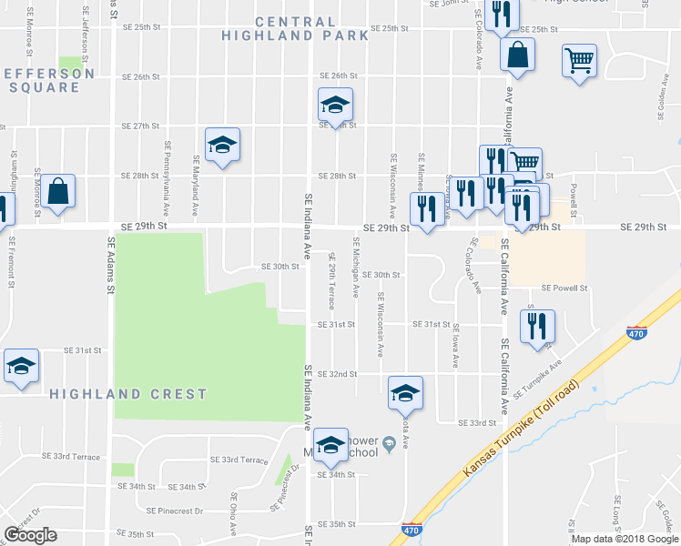 map of restaurants, bars, coffee shops, grocery stores, and more near 2944 Southeast Illinois Avenue in Topeka
