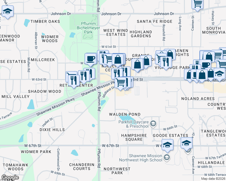 map of restaurants, bars, coffee shops, grocery stores, and more near 13233 Shawnee Mission Parkway in Shawnee