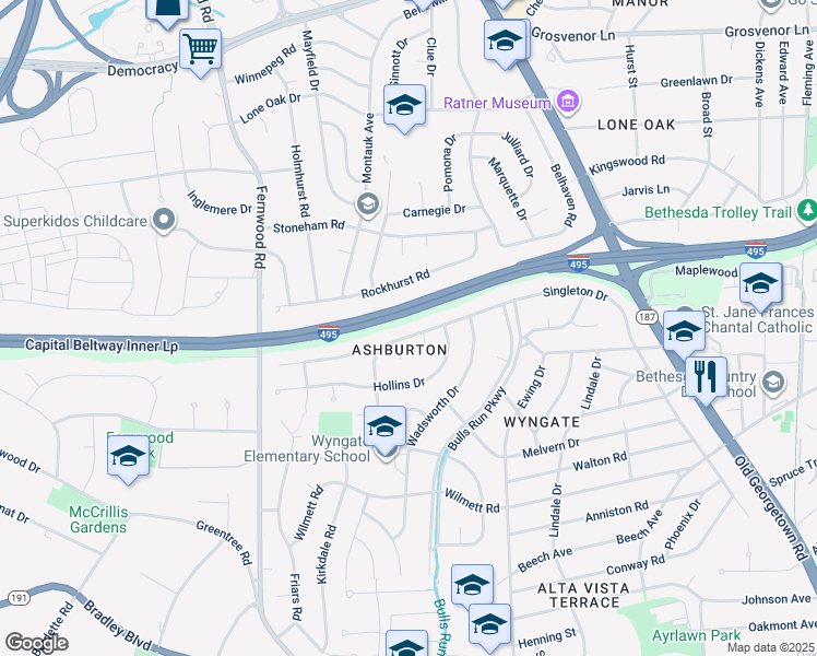 map of restaurants, bars, coffee shops, grocery stores, and more near 9831 Singleton Drive in Bethesda