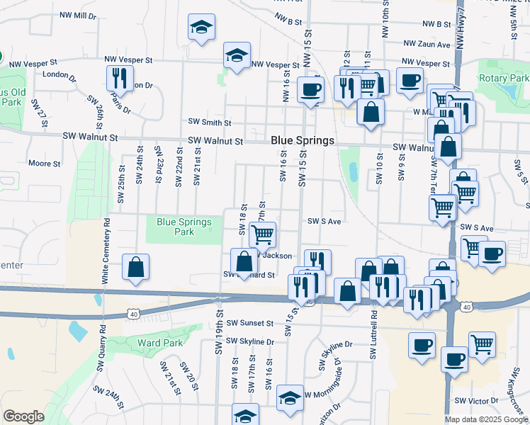 map of restaurants, bars, coffee shops, grocery stores, and more near 600 Southwest 17th Street in Blue Springs