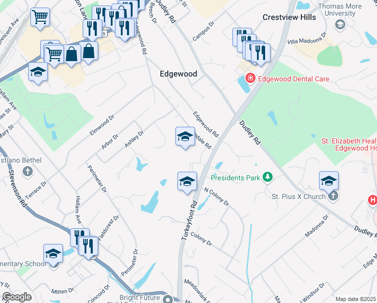 map of restaurants, bars, coffee shops, grocery stores, and more near 3230 Turkey Foot Road in Edgewood