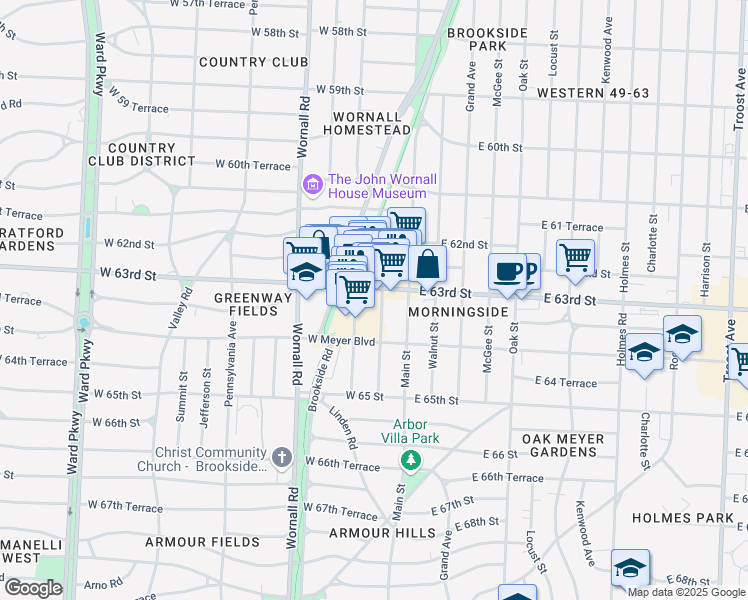map of restaurants, bars, coffee shops, grocery stores, and more near 6312 Baltimore Avenue in Kansas City