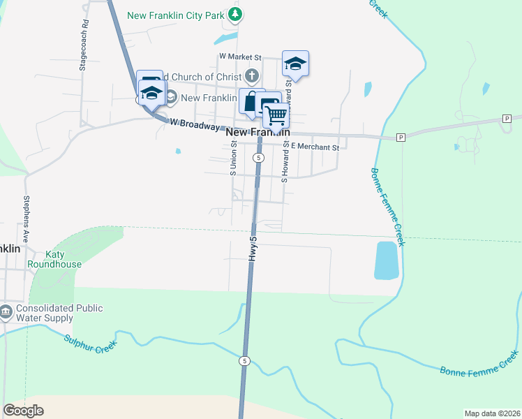 map of restaurants, bars, coffee shops, grocery stores, and more near 307 South Missouri Street in New Franklin