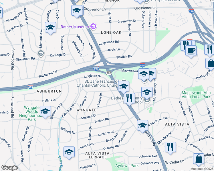map of restaurants, bars, coffee shops, grocery stores, and more near 9606 Singleton Drive in Bethesda
