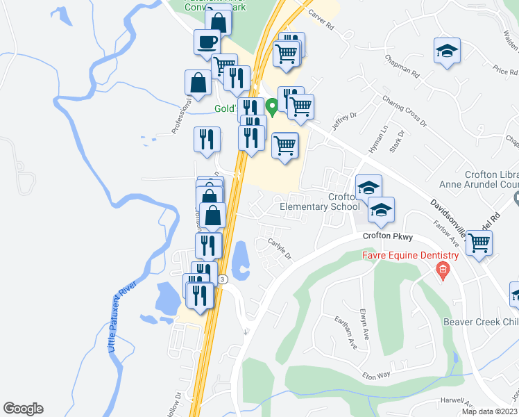 map of restaurants, bars, coffee shops, grocery stores, and more near 1404 Nutwood Court in Crofton