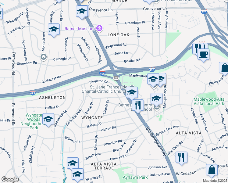 map of restaurants, bars, coffee shops, grocery stores, and more near 9606 Singleton Drive in Bethesda