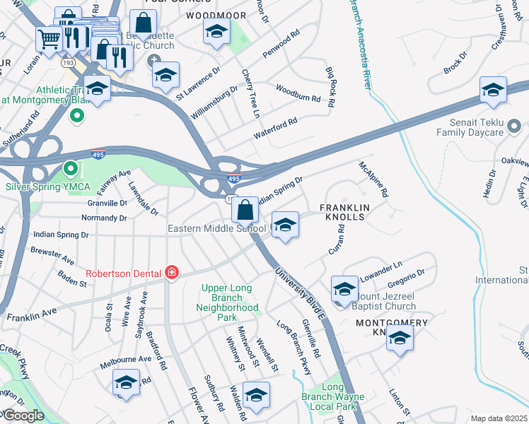 map of restaurants, bars, coffee shops, grocery stores, and more near 400 Torrington Place in Silver Spring