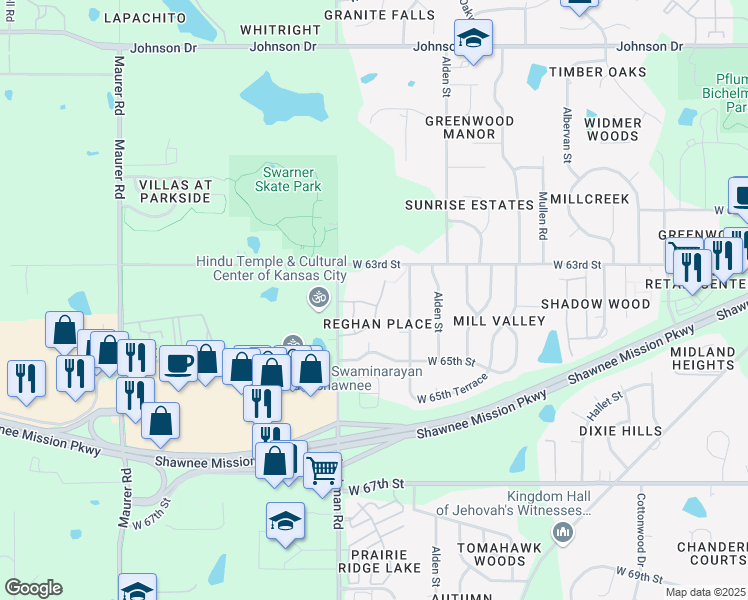 map of restaurants, bars, coffee shops, grocery stores, and more near 14900 West 64th Street in Shawnee