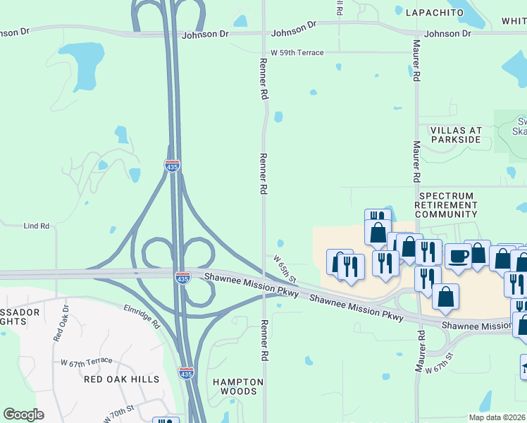 map of restaurants, bars, coffee shops, grocery stores, and more near 6302 Renner Road in Shawnee
