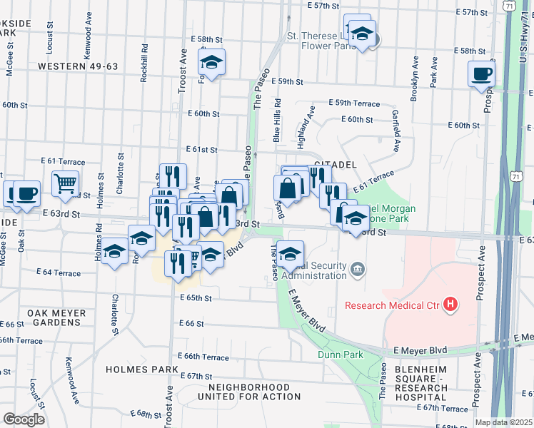 map of restaurants, bars, coffee shops, grocery stores, and more near 1414 East 63rd Street in Kansas City