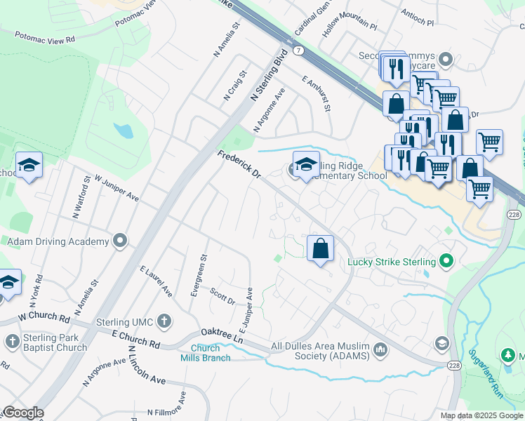 map of restaurants, bars, coffee shops, grocery stores, and more near 21748 Pinewood Court in Sterling