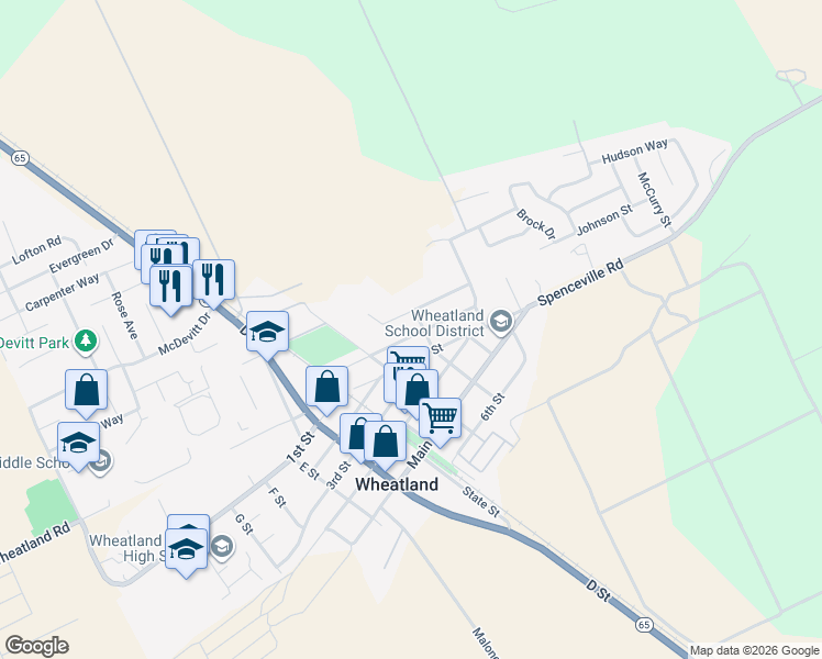 map of restaurants, bars, coffee shops, grocery stores, and more near 303 Mesa Street in Wheatland