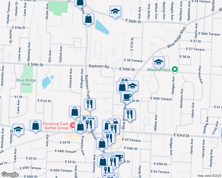 map of restaurants, bars, coffee shops, grocery stores, and more near 6012 Raytown Road in Kansas City