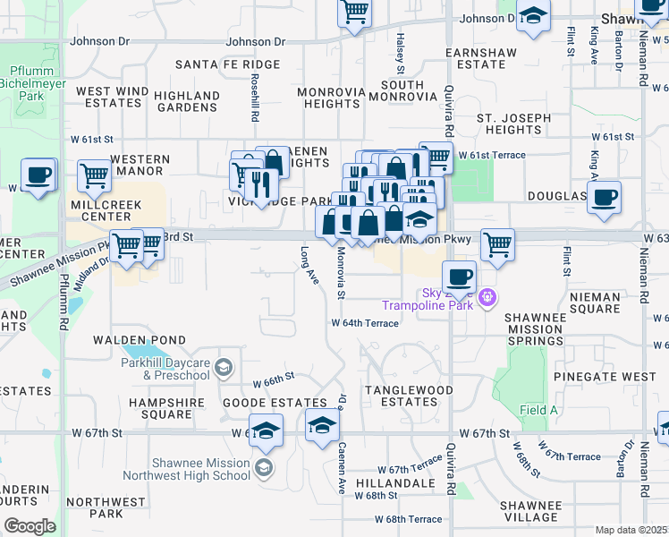 map of restaurants, bars, coffee shops, grocery stores, and more near 6326 Monrovia Street in Shawnee