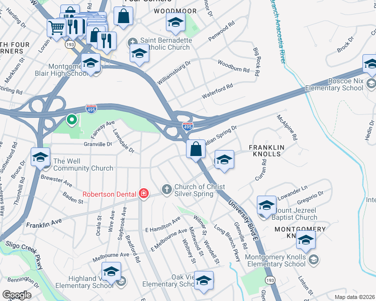 map of restaurants, bars, coffee shops, grocery stores, and more near 217 University Boulevard East in Silver Spring