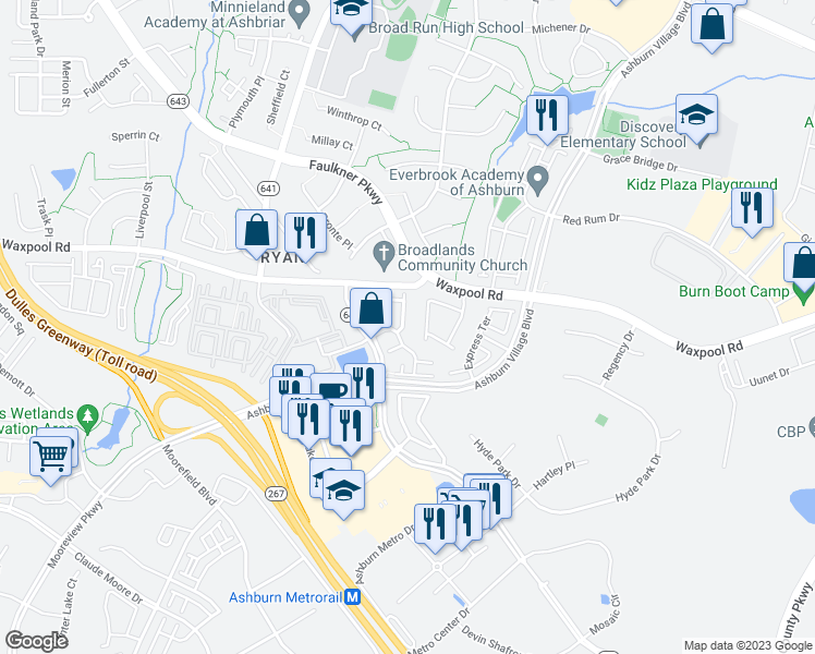 map of restaurants, bars, coffee shops, grocery stores, and more near 21790 Goose Cross Terrace in Ashburn