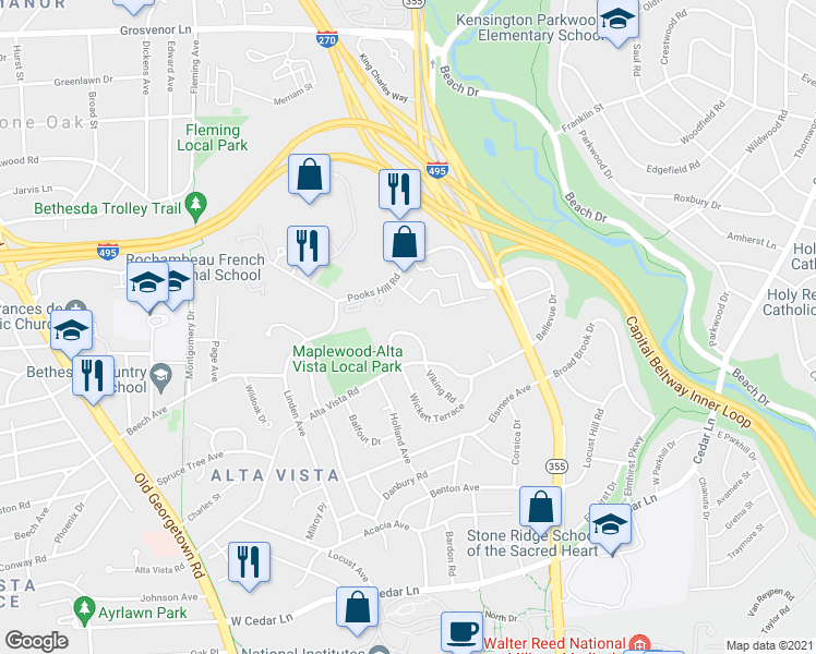 map of restaurants, bars, coffee shops, grocery stores, and more near 9613 Alta Vista Terrace in Bethesda