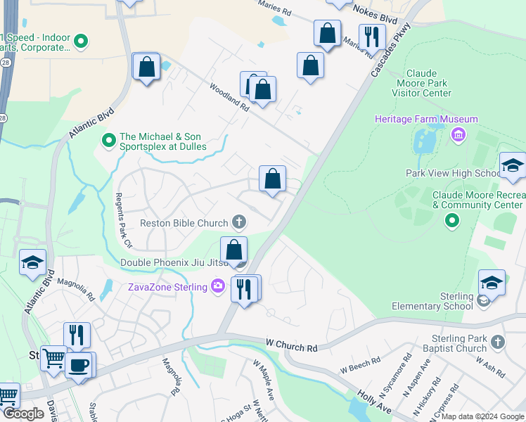 map of restaurants, bars, coffee shops, grocery stores, and more near 45786 Smoketree Terrace in Sterling