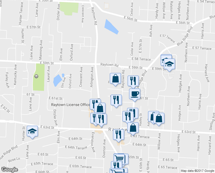 map of restaurants, bars, coffee shops, grocery stores, and more near 9804 East 60th Terrace in Raytown