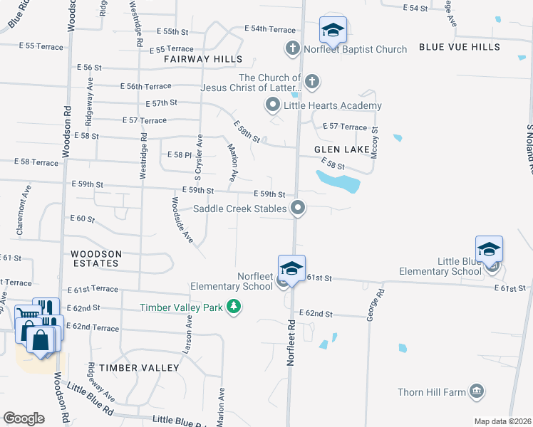map of restaurants, bars, coffee shops, grocery stores, and more near 12604 East 59 Terrace in Kansas City