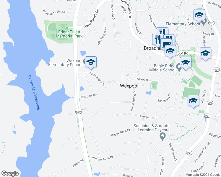 map of restaurants, bars, coffee shops, grocery stores, and more near 42649 Waxpool Road in Ashburn