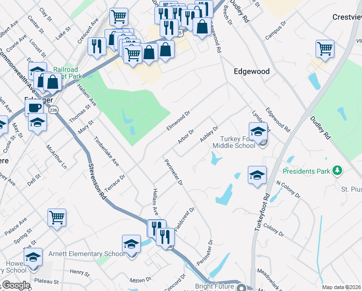 map of restaurants, bars, coffee shops, grocery stores, and more near 3083 Arbor Dr in Edgewood