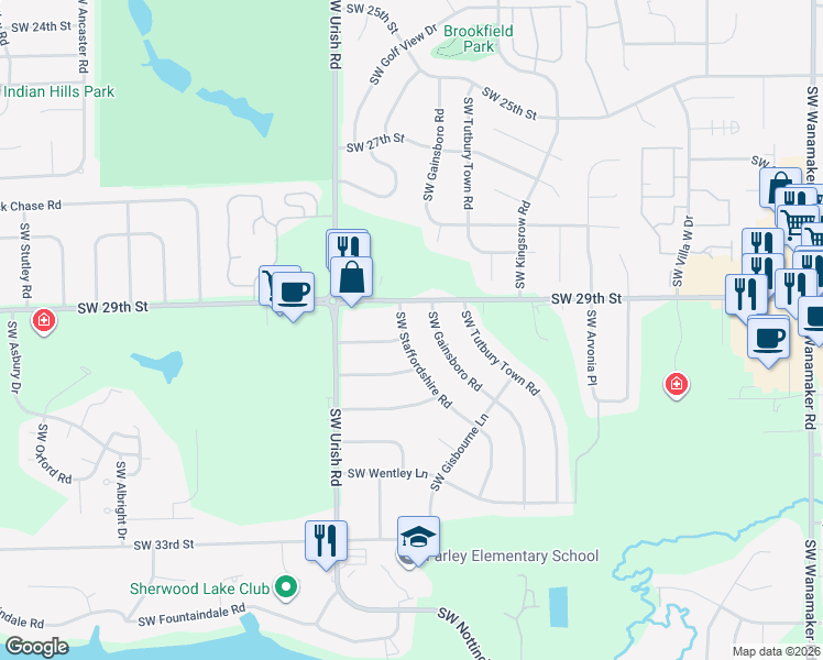 map of restaurants, bars, coffee shops, grocery stores, and more near 2918 Southwest Staffordshire Road in Topeka