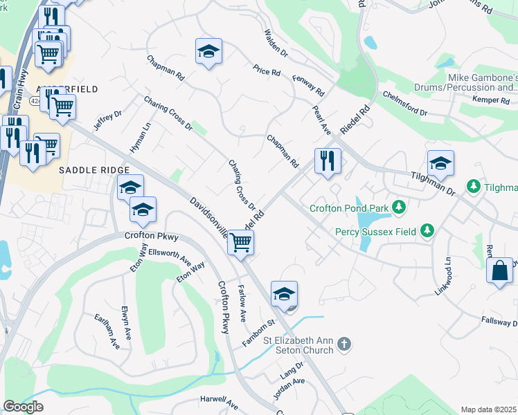 map of restaurants, bars, coffee shops, grocery stores, and more near 1601 Portabello Court in Crofton