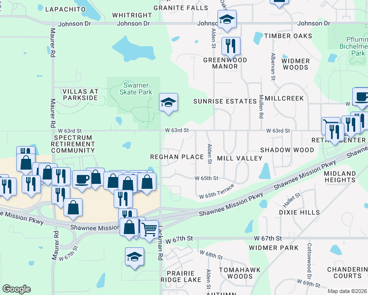 map of restaurants, bars, coffee shops, grocery stores, and more near 6325 Darnell Street in Shawnee