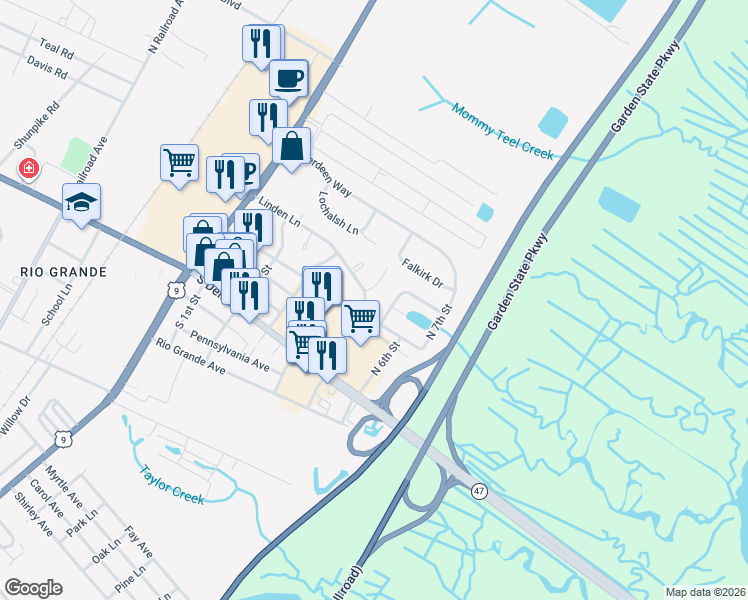 map of restaurants, bars, coffee shops, grocery stores, and more near 5 Marlyn Drive in Rio Grande