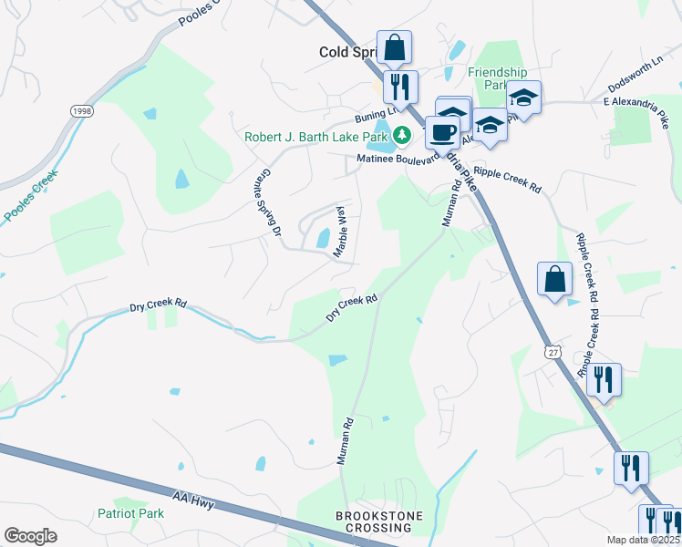 map of restaurants, bars, coffee shops, grocery stores, and more near 5991-6005 Marble Way in Cold Spring