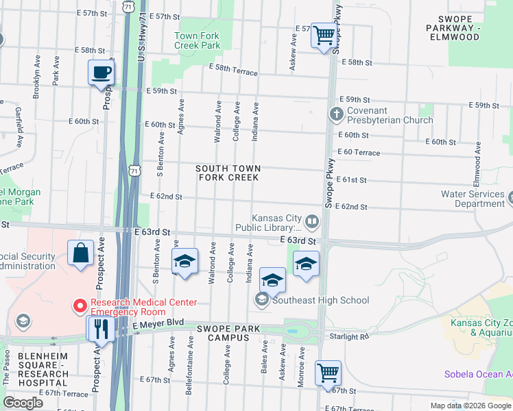 map of restaurants, bars, coffee shops, grocery stores, and more near 3405 East 62nd Street in Kansas City