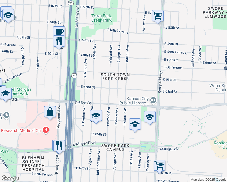 map of restaurants, bars, coffee shops, grocery stores, and more near 3221 East 62nd Street in Kansas City