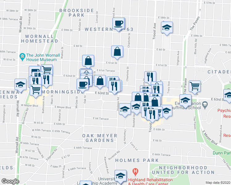 map of restaurants, bars, coffee shops, grocery stores, and more near 626 East 63rd Street in Kansas City