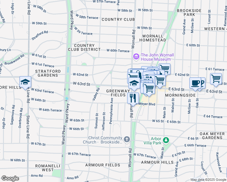 map of restaurants, bars, coffee shops, grocery stores, and more near 6309 Pennsylvania Avenue in Kansas City