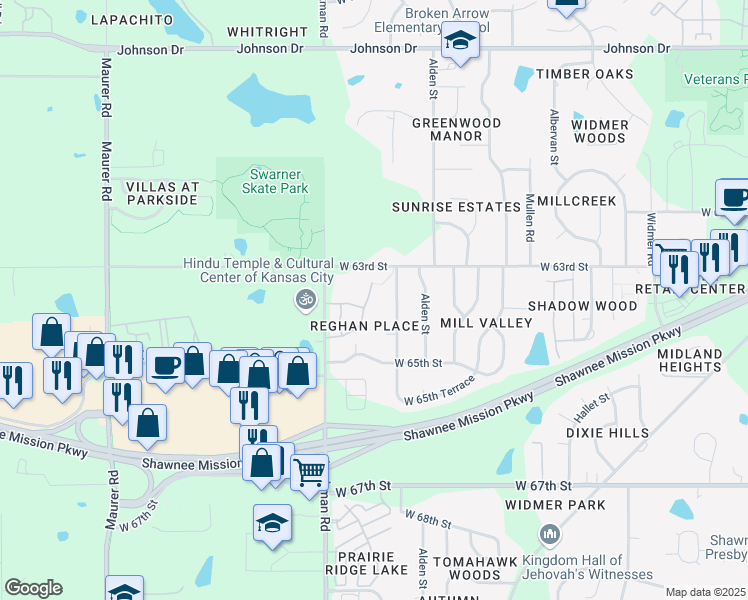 map of restaurants, bars, coffee shops, grocery stores, and more near 14900 West 64th Street in Shawnee