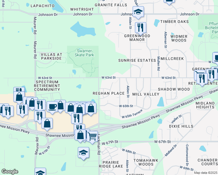 map of restaurants, bars, coffee shops, grocery stores, and more near 14900 West 64th Street in Shawnee