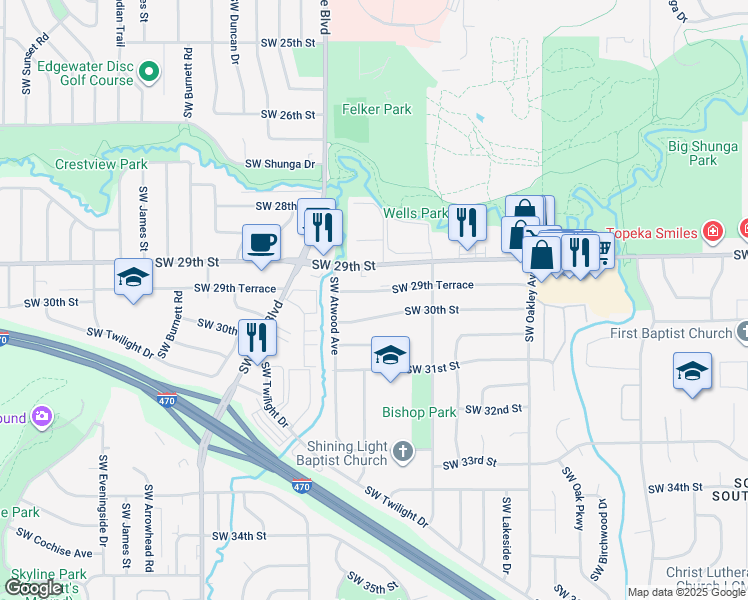 map of restaurants, bars, coffee shops, grocery stores, and more near 3619 Southwest 29th Terrace in Topeka