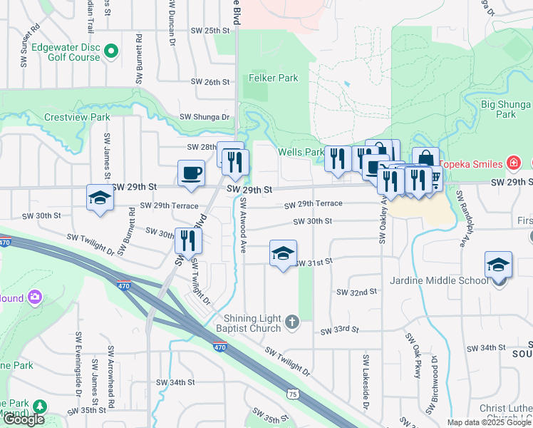 map of restaurants, bars, coffee shops, grocery stores, and more near 3619 Southwest 29th Terrace in Topeka