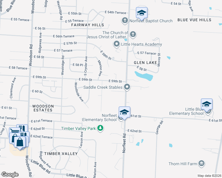 map of restaurants, bars, coffee shops, grocery stores, and more near 12604 East 59 Terrace in Kansas City