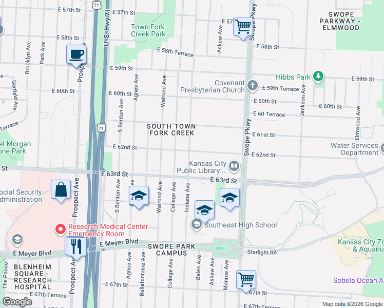 map of restaurants, bars, coffee shops, grocery stores, and more near 3403 East 62nd Street in Kansas City