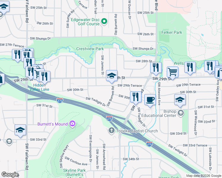 map of restaurants, bars, coffee shops, grocery stores, and more near 2921 Southwest Burnett Road in Topeka