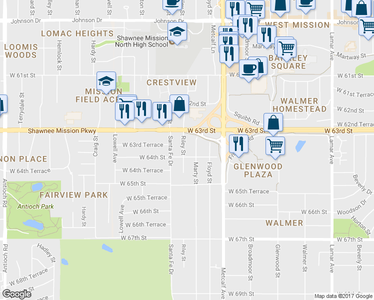 map of restaurants, bars, coffee shops, grocery stores, and more near 6337 Riley Street in Mission