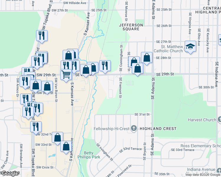 map of restaurants, bars, coffee shops, grocery stores, and more near 245 Southeast 29th Street in Topeka