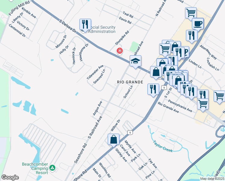 map of restaurants, bars, coffee shops, grocery stores, and more near 211 South Railroad Avenue in Rio Grande