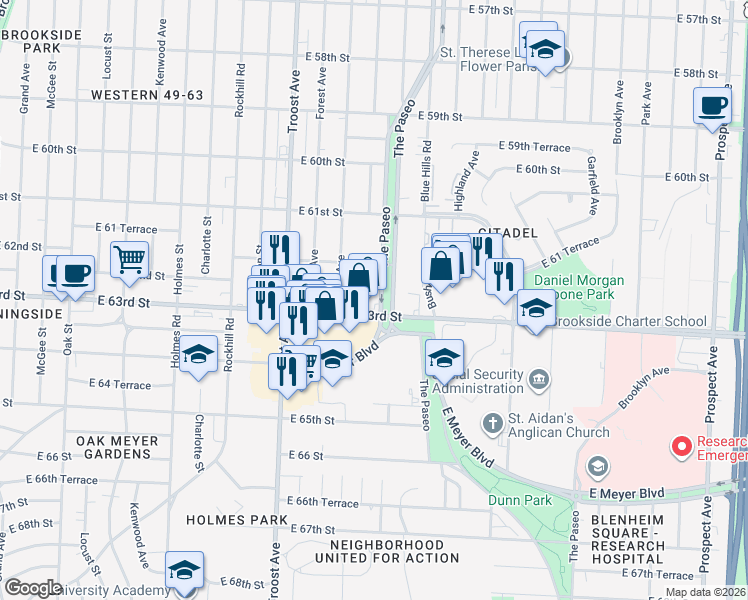 map of restaurants, bars, coffee shops, grocery stores, and more near 6230 The Paseo in Kansas City