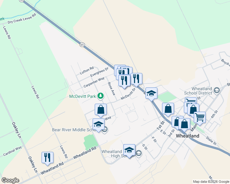 map of restaurants, bars, coffee shops, grocery stores, and more near 608 Rose Avenue in Wheatland