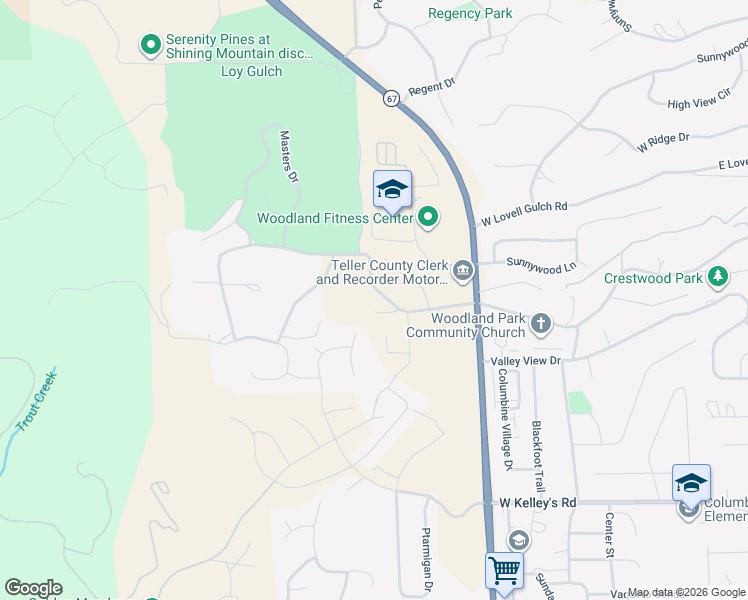 map of restaurants, bars, coffee shops, grocery stores, and more near 1024 Research Drive in Woodland Park