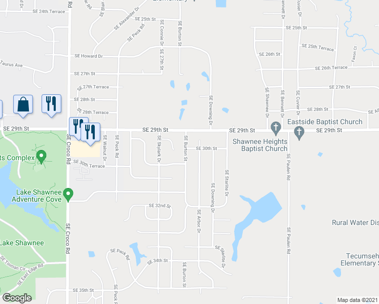 map of restaurants, bars, coffee shops, grocery stores, and more near 3000 SE Burton St in Topeka