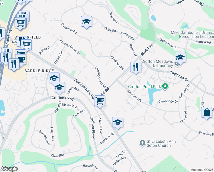 map of restaurants, bars, coffee shops, grocery stores, and more near 1601 Portabello Court in Crofton